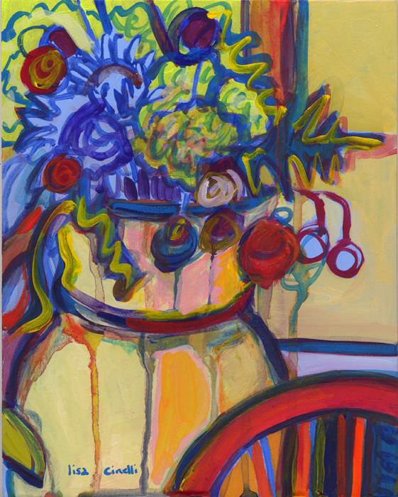 thumbnail of Gouache on paper on board by Lisa Cinelli titled Bursting with Flowers.