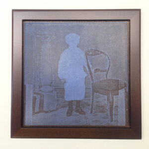 thumbnail of Picture of a white silhouette holding onto a chair