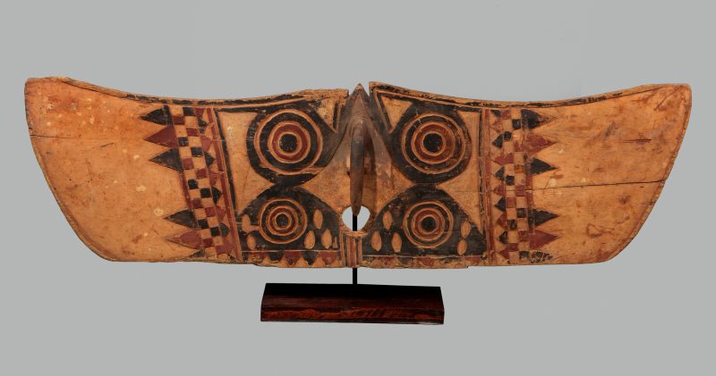 Haw Mask (Front) from Bwa or Nuna, Burkina Faso. medium: wood, black, red, white pigment. dimensions: 18 x 57 inches. date: unknown