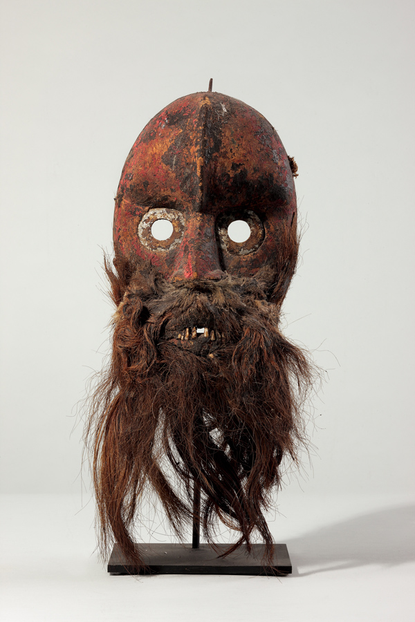 thumbnail of Mask with Metal Eyes from Dan, Ivory Coast/Liberia. medium: wood, metal, fur, teeth. dimensions: height of 23 inches