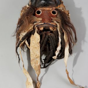 thumbnail of Mask (gela) with Tubular Eyes from We (Guere), Ivory Coast/Liberia. medium: wood, leather, fur, braided hair, pigments. dimensions: height of 25 inches. date: unknown