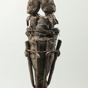 thumbnail of Bocio Figure with Asen from Republic of Benin. medium: Wood, horns, cloth, iron, cowries. dimensions: height of 23 inches. date: unknown