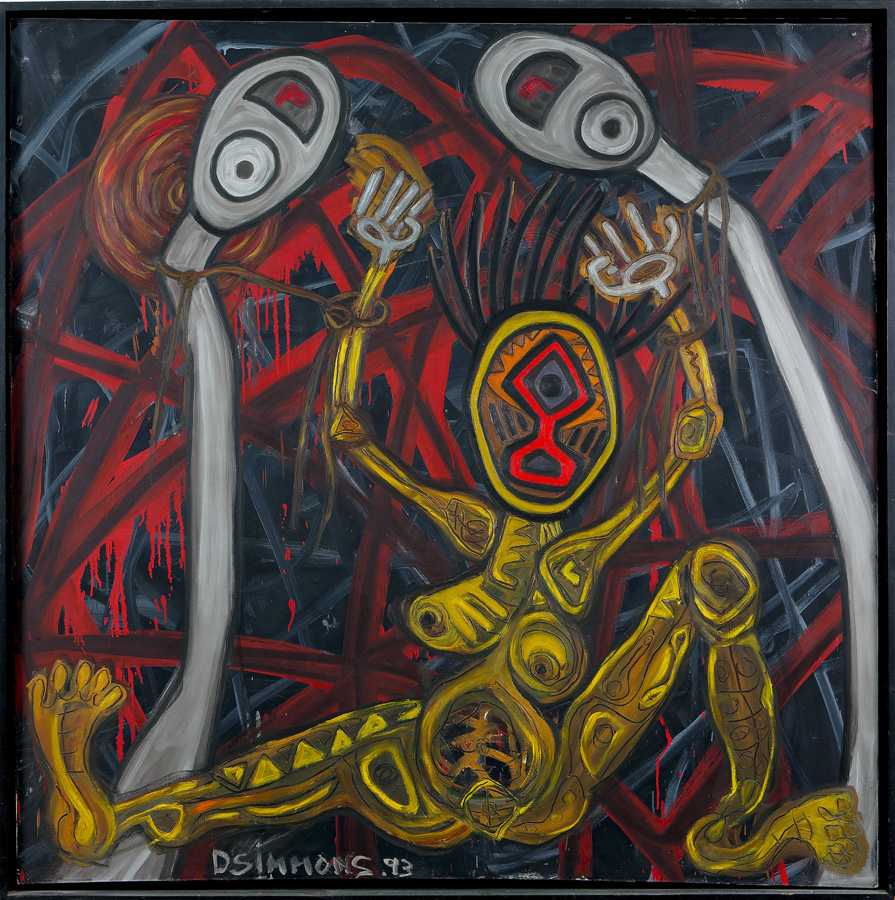 thumbnail of Tied to the Whipping Post by American Artist Danny Simmons. medium: oil on canvas. dimensions: 72 x 72 inches. date: 1993