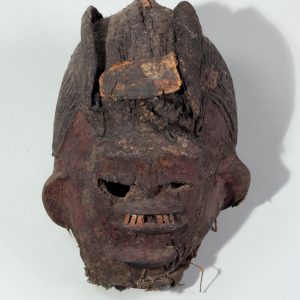 thumbnail of Gourd mask from Ekiti Yoruba, Nigeria. medium: Calabash, cloth, cord, red and black pigment. dimensions: height of 13 inches. date: unknown