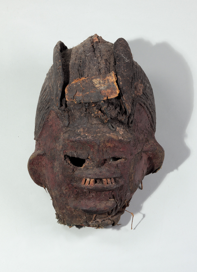 thumbnail of Gourd mask from Ekiti Yoruba, Nigeria. medium: Calabash, cloth, cord, red and black pigment. dimensions: height of 13 inches. date: unknown