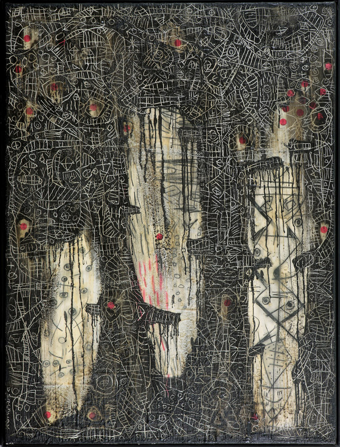 thumbnail of Dr. Gris-Gris Book of Potent Spells & Portents by American artist Danny Simmons. medium: oil & mixed media on canvas. dimensions: 60 x 72 inches. date: 2001