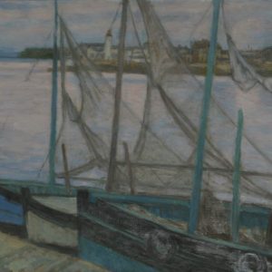 thumbnail of Barques à Honfleur by Marcel Salinas. medium: Oil on canvas. date: 1969. dimensions: 45.72 x 64.77 cm