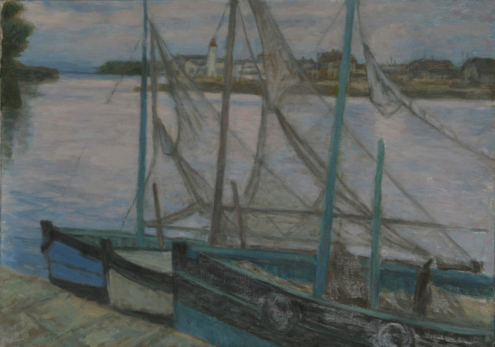 thumbnail of Barques à Honfleur by Marcel Salinas. medium: Oil on canvas. date: 1969. dimensions: 45.72 x 64.77 cm