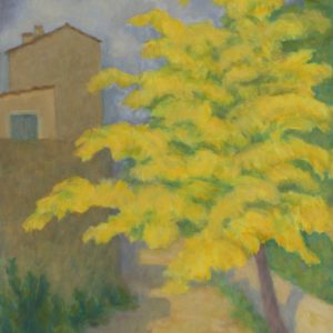 thumbnail of L'arbre jaune (Mirmande) by Marcel Salinas. medium: Oil on paper on canvas. date: 1975. dimensions: 66.04 x 45.72 cm