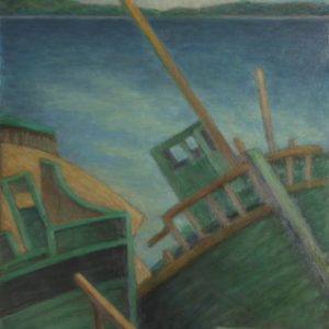 thumbnail of Epaves à Camaret by Marcel Salinas. medium: Oil on paper on canvas. date: 1975, redone in 2001. dimensions: 53.34 x 72.39 cm