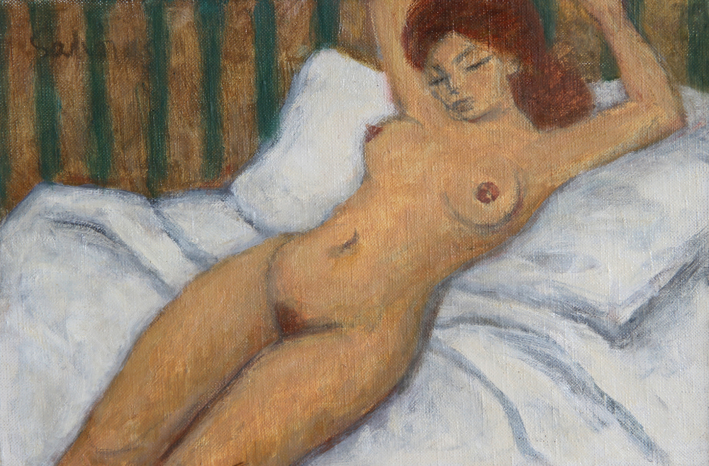 thumbnail of Nu endormi by Marcel Salinas. medium: Oil on canvas. date: 1990. dimensions: 16 x 24 cm