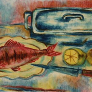 thumbnail of Nature morte (poisson rouge avec citrons) by Marcel Salinas. medium: oil on canvas. date: 1950. dimensions: 38 x 61 cm