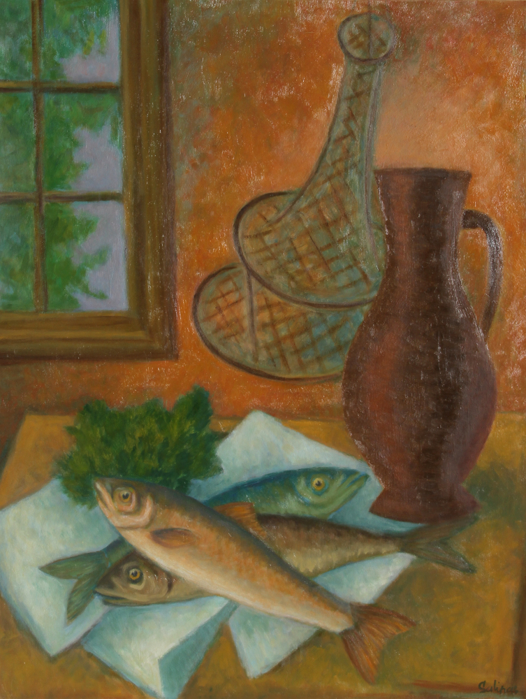 thumbnail of Poissons, cruche et nasse by Marcel Salinas. medium: oil on paper on canvas. date: 1967. dimensions: 63.5 x 49.5 cm