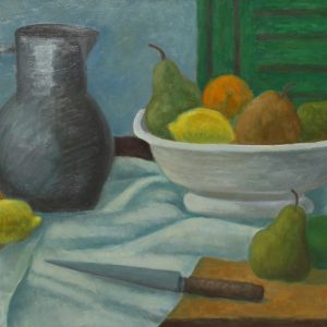 thumbnail of Cruche grise, compotier, fruits et coûteau by Marcel Salinas. medium: oil on paper on canvas. date: 2974. dimensions: 49.5 x 63.5 cm