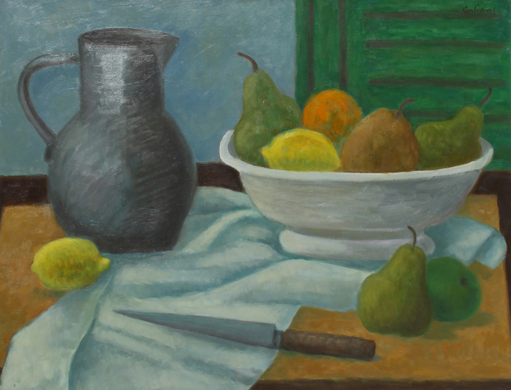 Cruche grise, compotier, fruits et couÌ‚teau by Marcel Salinas. medium: oil on paper on canvas. date: 2974. dimensions: 49.5 x 63.5 cm