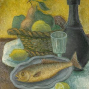thumbnail of Panier de fruits, poisson et cruche verte by Marcel Salinas. medium: oil on paper on canvas. date: 1975. dimensions: 45.7 x 38.1 cm