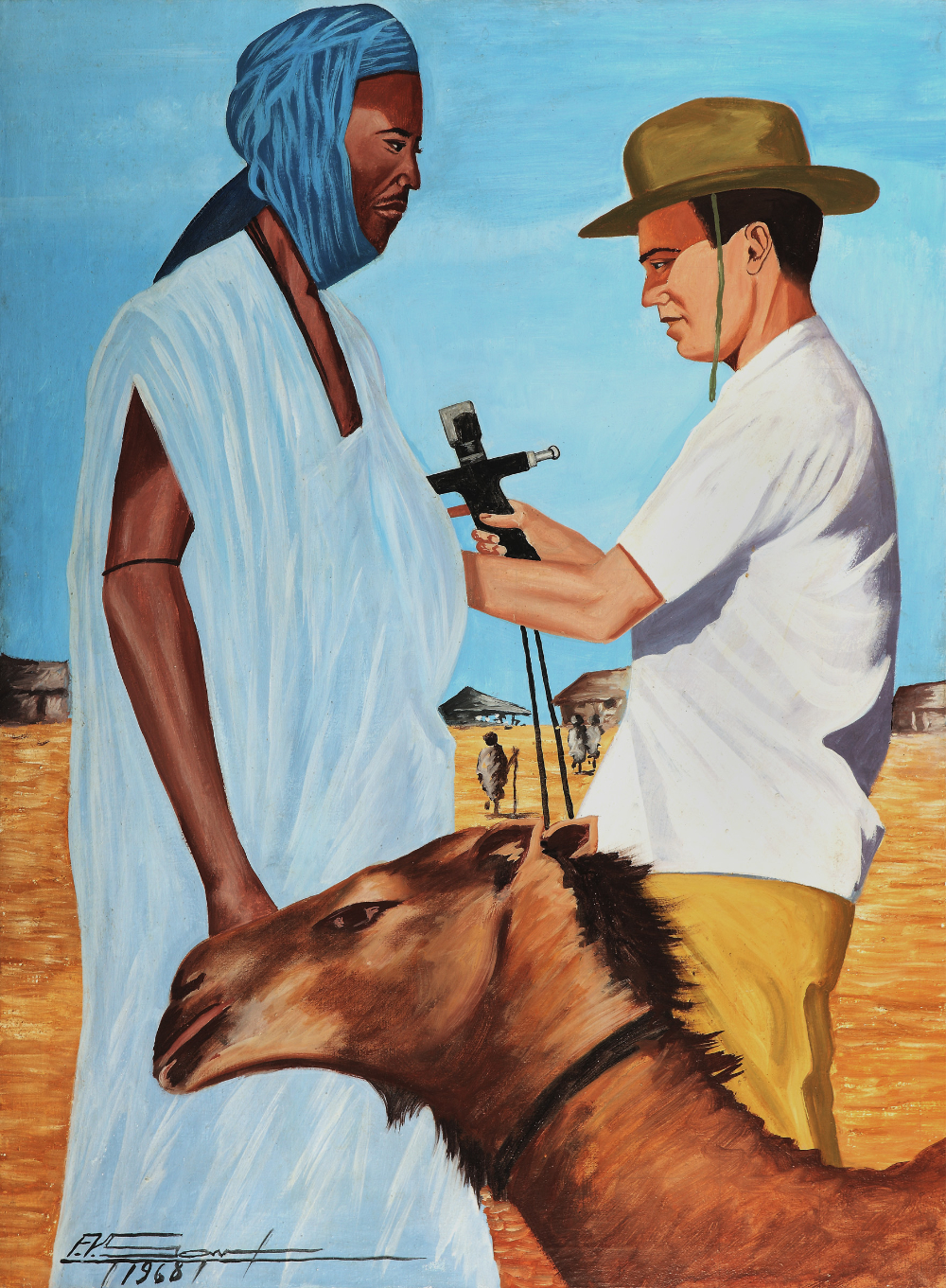 thumbnail of Dr. Pascal James Imperato Vaccinating a Maure Nomad against Smallpox in Timbuktu. medium: acrylic on canvas. date: 1968. dimensions: 75.8 x 56.6 cm