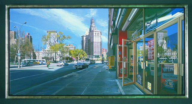 thumbnail of Park Row Looking Towards City Hall by Richard Estes. Medium: Oil on Canvas. Size 36 x 72 in Date 1992