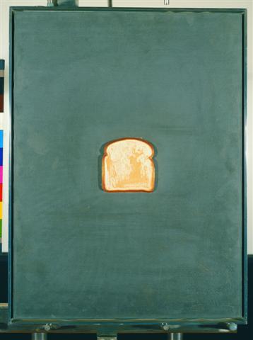 thumbnail of Bread by Jasper Johns. Medium: Lead Relief with Hand-Coloring in Oil Paint and Collage. Size 20 x 24 in Date 1969