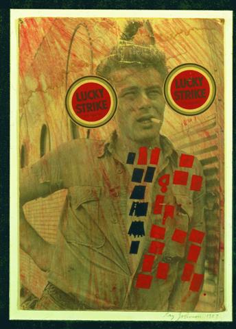 thumbnail of James Dean (Lucky Strike) by Ray Johnson. Medium: Collage on Cardboard Panel. Size 10 1/2 x 7 1/2 in Date 1957
