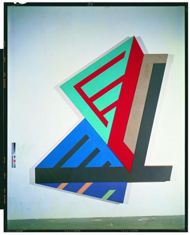 thumbnail of Nasielsk by Frank Stella. Medium: Painted Canvas, Felt, and Kachina Board on Wood. Size 110 x 89.5 x 6 in Date 1972