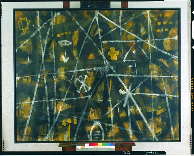 thumbnail of Nocturnal Beams by Adolph Gottlieb. Medium: Oil and Enamel on Canvas. Size 48 x 60 in Date 1954