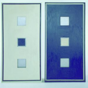 thumbnail of Wall Piece by Sol LeWitt. Medium: Oil on Canvas and Painted Wood. Size 63 1/4 x 64 x 5 3/8 in Date1962