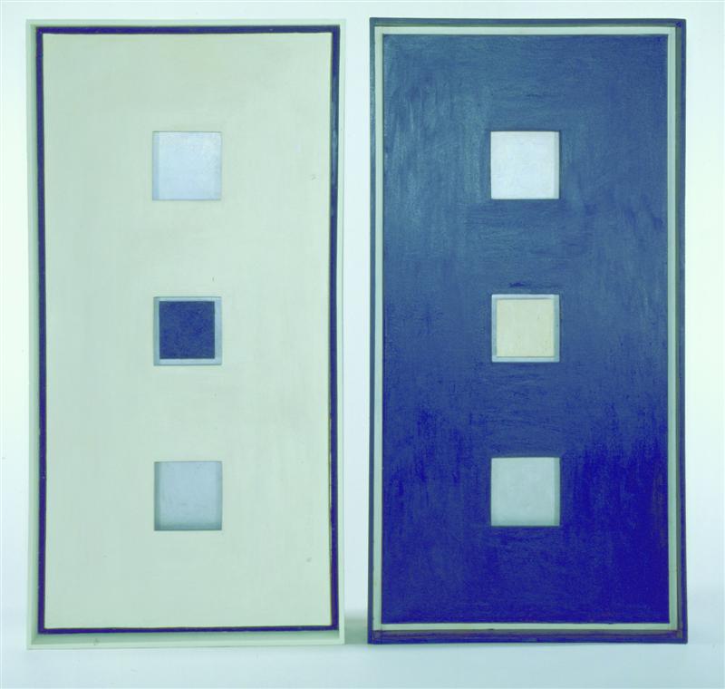 thumbnail of Wall Piece by Sol LeWitt. Medium: Oil on Canvas and Painted Wood. Size 63 1/4 x 64 x 5 3/8 in Date1962