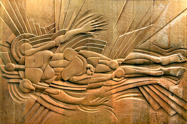 thumbnail of Creation of Adam by American artist Norman Gorbaty. Medium: pine wood. dimensions: 48 x 72 inches. date: 1975
