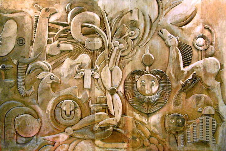 thumbnail of Creation of Eve by American artist Norman Gorbaty. Medium: pine wood. dimensions: 48 x 72 inches. date: 1977