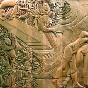 thumbnail of Expulsion by American artist Norman Gorbaty. medium: pine wood. dimensions: 48 x 72 inches. date: 1998