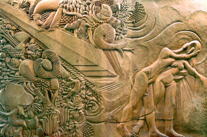 thumbnail of Expulsion by American artist Norman Gorbaty. medium: pine wood. dimensions: 48 x 72 inches. date: 1998