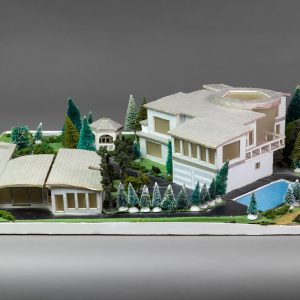 thumbnail of Detail of Ronal Lopez Model of Mansion and Property in Sands Point LI. medium: Bainbridge board, frosted mylar. date: 2011.