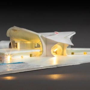 thumbnail of Detail of Jose Obed Bonilla Model of The TWA Terminal at Idlewild Airport –now JFK, New York City. Medium: Foam core, plexiglass, lights. date: 2017