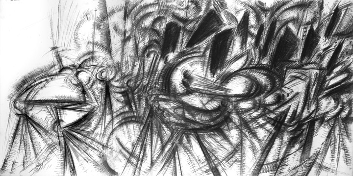 thumbnail of Marching Band II by american artist Norman Gorbaty. medium: charcoal on paper. dimensions: 40 x 78 inches. date: 2001