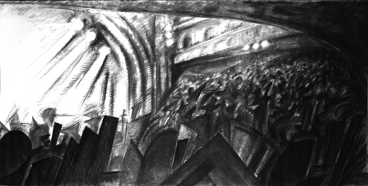 thumbnail of Movie House by American artist Norman Gorbaty. medium: charcoal on paper. dimensions: 40 x 78 inches. date: 1990