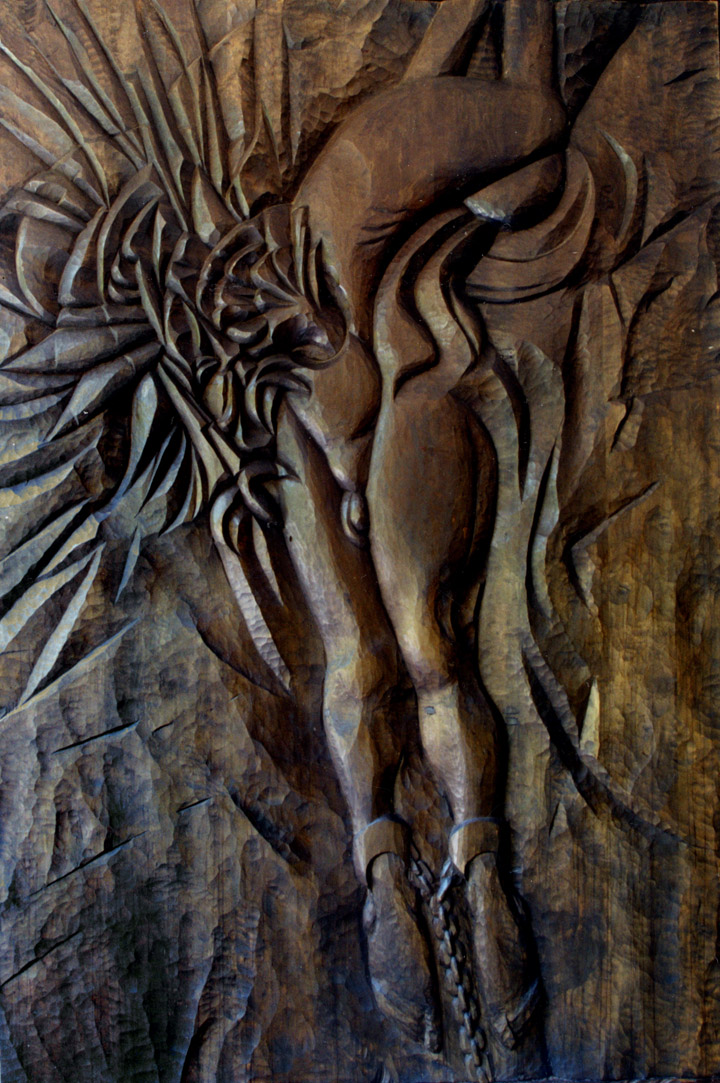 thumbnail of Prometheus by American artist Norman Gorbaty. medium: ebonized basswood. dimensions: 72 x 48 inches. date: 1989