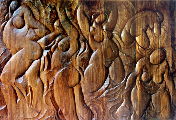 thumbnail of Seaside Girls No.2 by American artist Norman Gorbaty. medium: walnut wood. dimensions: 60 x 80 inches. date: 1990