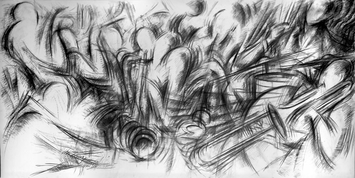thumbnail of Session by american artist Norman Gorbaty. medium: charcoal on paper. dimensions: 40 x 78 inches. date: 1996