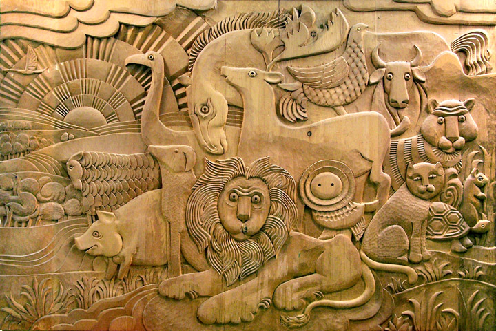 thumbnail of The Animals by american artist Norman Gorbaty. medium: pine wood. dimensions: 48 x 72 inches. date: 1973