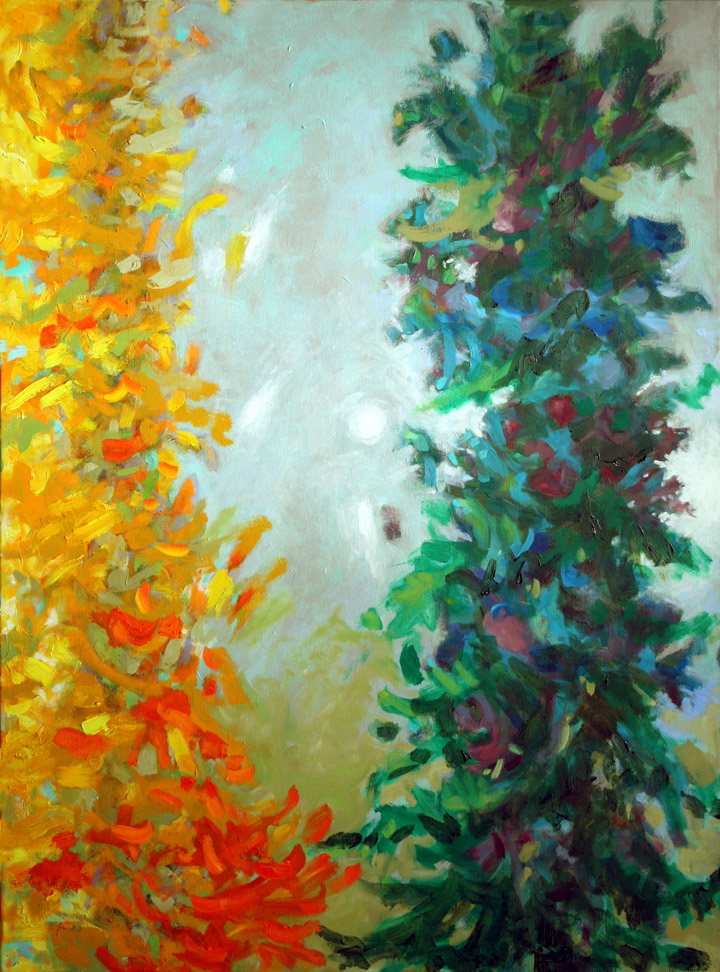 thumbnail of Trees Touching by american artist Norman Gorbaty. medium: oil on canvas. dimensions: 36 x 36 inches. date: 2006