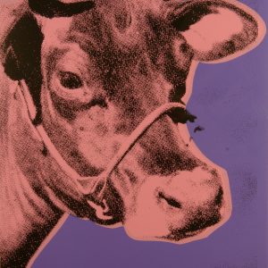 thumbnail of Cow by Andy Warhol from New York, U.S. medium: Screenprint on wallpaper, (pink/blue). date: 1976. dimensions: 45.5 x 29.75 inches.