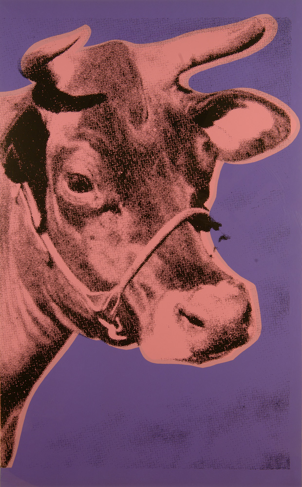 thumbnail of Cow by Andy Warhol from New York, U.S. medium: Screenprint on wallpaper, (pink/blue). date: 1976. dimensions: 45.5 x 29.75 inches.