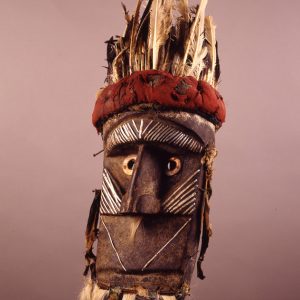 thumbnail of Poro Face Mask with metal strips from Toma, Liberia/Guinea. medium: wood and metal. date: unknown. height: 24 inches
