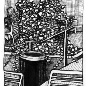 thumbnail of Qcc Cafe by Sigrid Stode. medium: Micro-ink pen on paper. date: 2021. dimensions: 8.5 x 5.5 Inches