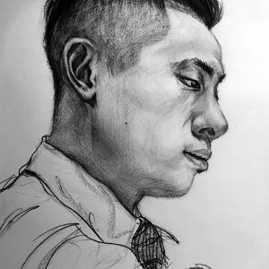 thumbnail of Portrait by Jie Gong. medium: charcoal on paper. date: 2021. dimensions: 12 x 9 inches