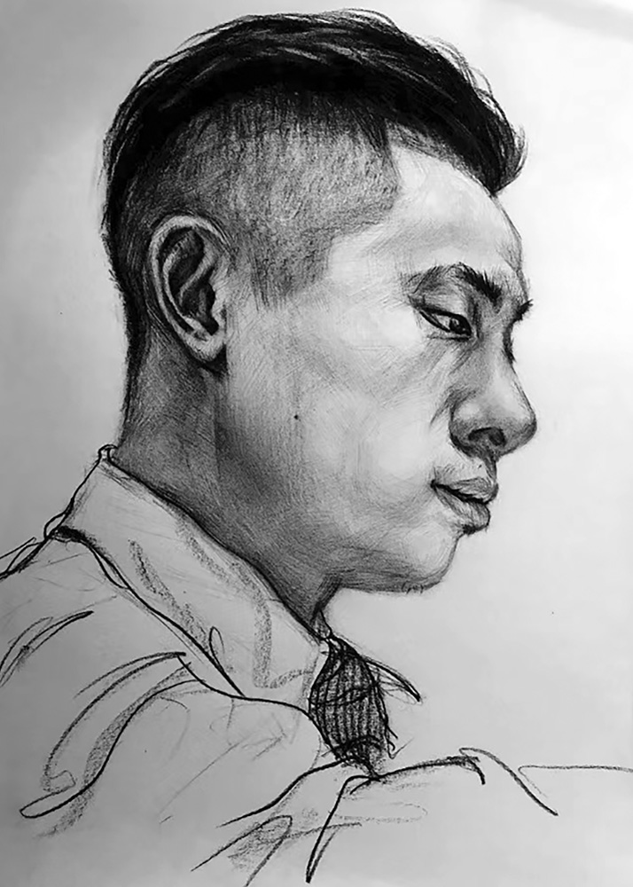 thumbnail of Portrait by Jie Gong. medium: charcoal on paper. date: 2021. dimensions: 12 x 9 inches
