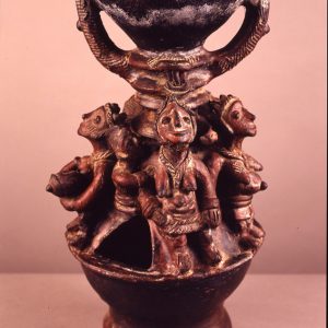 thumbnail of Oil Lamp with multiple figure from Baatombu (Beriba), Rep.o. medium: ceramic. date: unknown. height: 16 inches