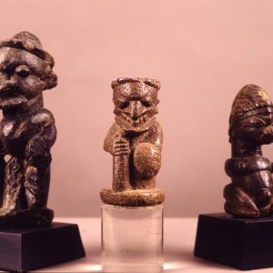 thumbnail of Three Sape Confederation Pomtan from Kissi area, Guinea. medium: steatite. date: unknown. height: 6.75, 5.5, 4.75 inches
