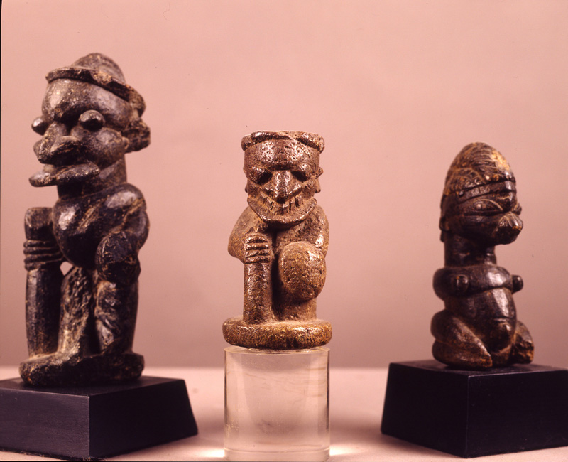 thumbnail of Three Sape Confederation Pomtan from Kissi area, Guinea. medium: steatite. date: unknown. height: 6.75, 5.5, 4.75 inches